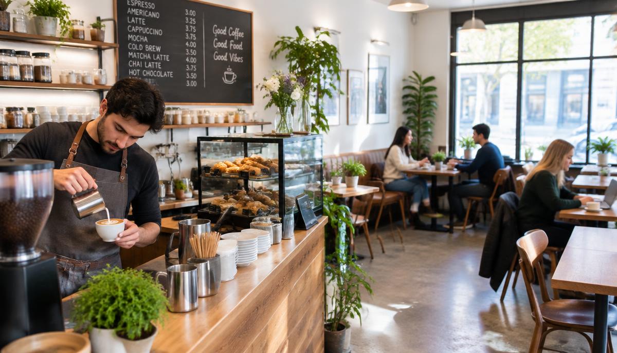Barista pouring latte art in a bright neighbourhood cafe