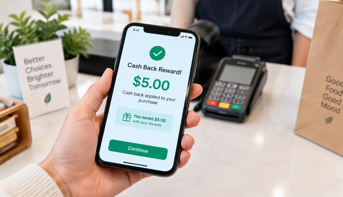 Phone showing a cash back reward applied at a shop checkout