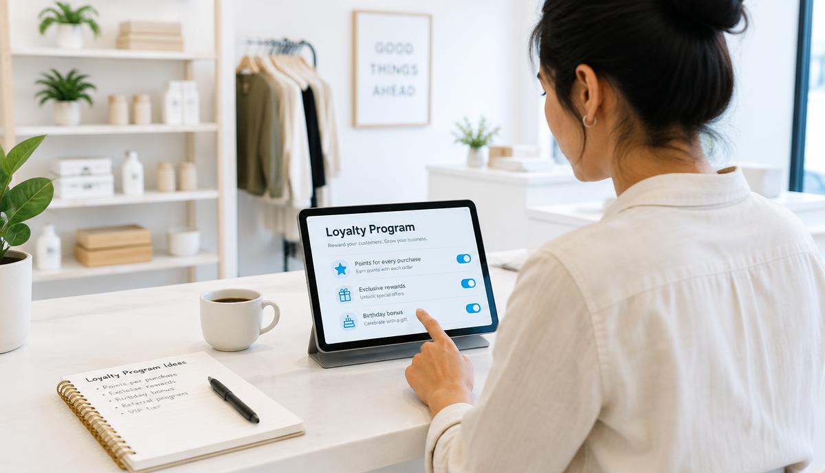 Shop owner setting up a loyalty program on a tablet at the counter